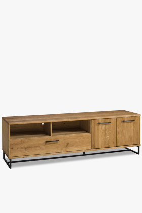 Indusztriális tölgyfa TV-szekrény fekete fém lábakkal, 180 cm